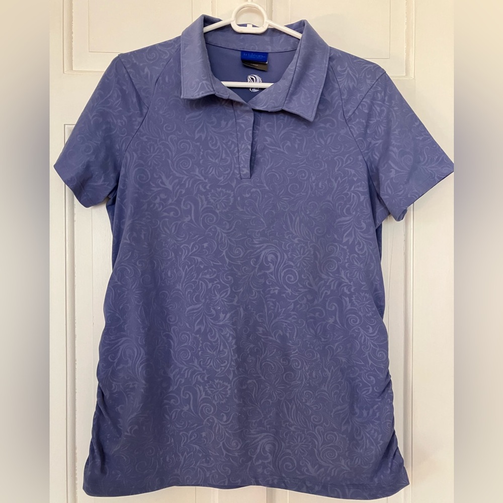 irideon Stretch Polo Shirt  Ruched Sides Large L Very small mark on front.